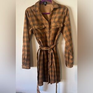 HAVE Brown and Black Plaid Long Corduroy Sleeve Dress